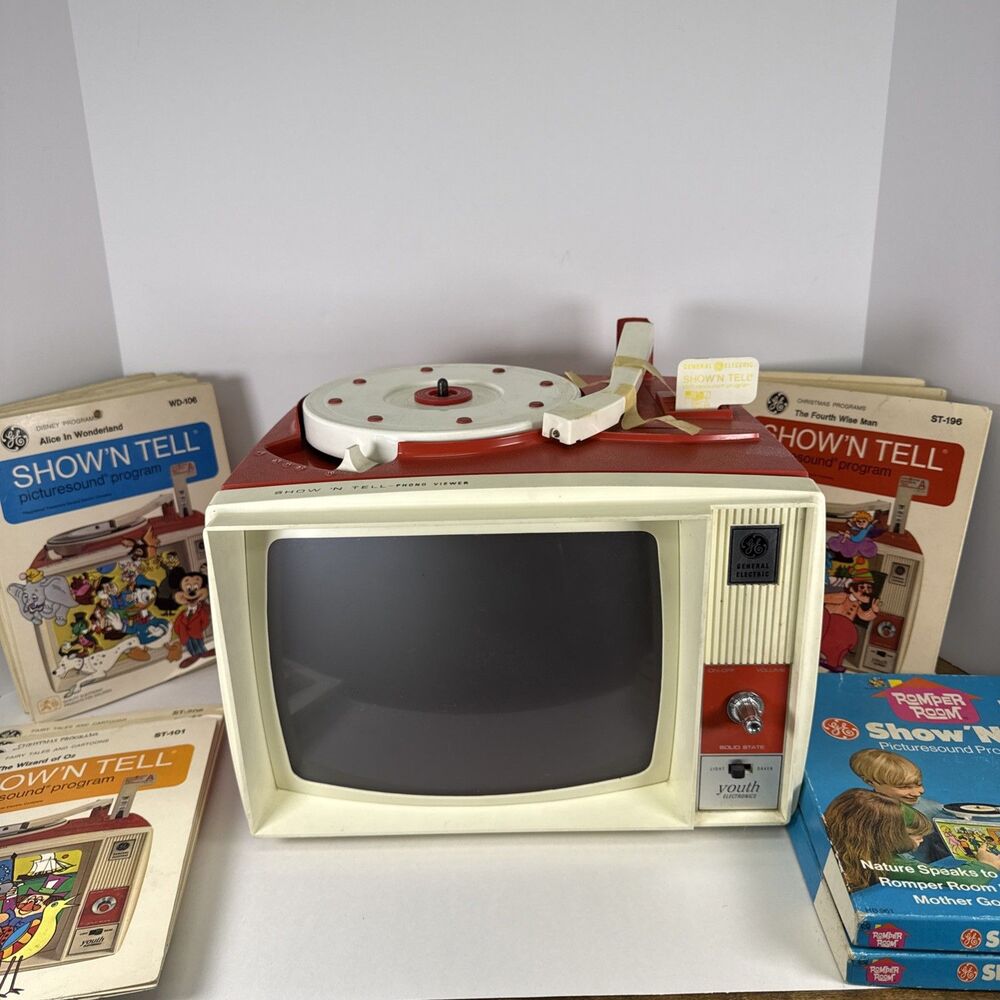 Vintage 1960s GE Show N Tell Phono Viewer Red + Huge Lot 30+ Titles Tested Works